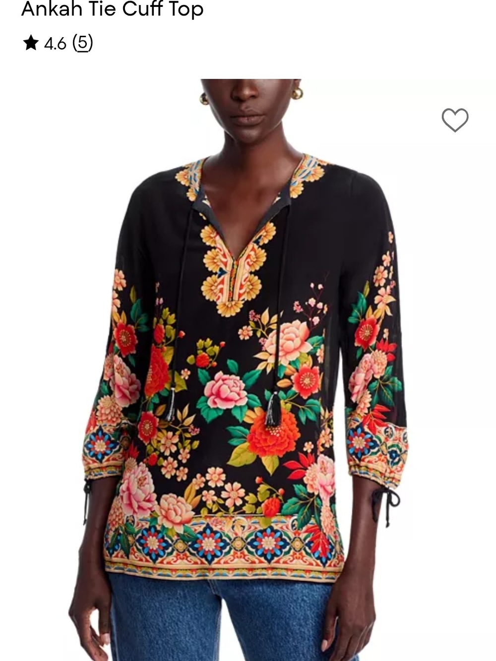 Johnny Was Black Floral Border Tunic with Multicolor Blooms Ankah Tassles